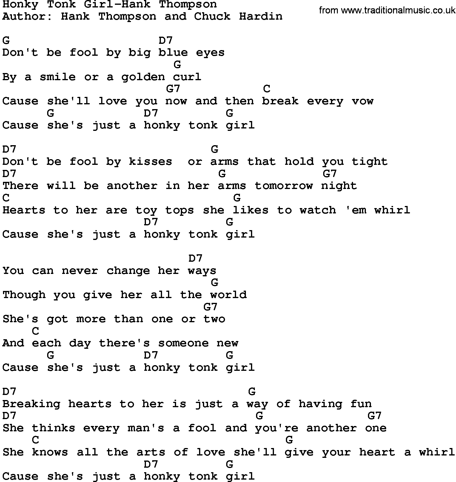 Country music song: Honky Tonk Girl-Hank Thompson lyrics and chords