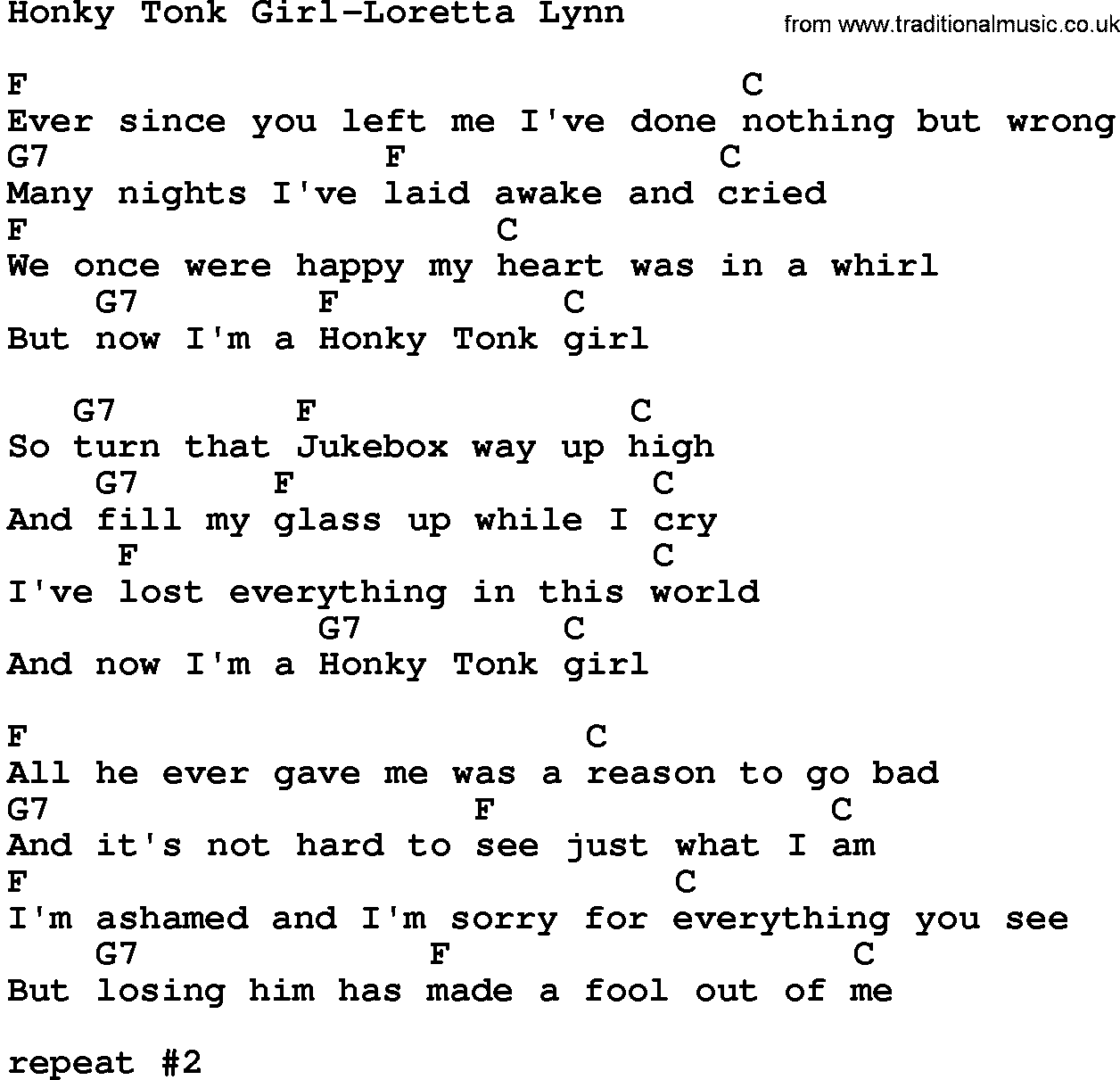 Country music song: Honky Tonk Girl-Loretta Lynn lyrics and chords