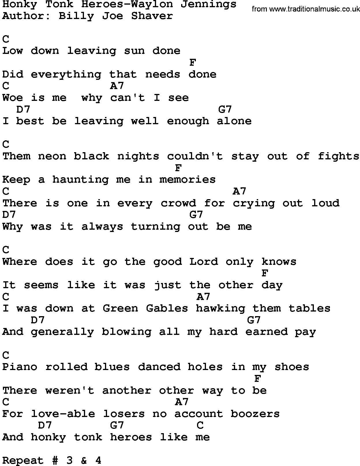 Country music song: Honky Tonk Heroes-Waylon Jennings lyrics and chords