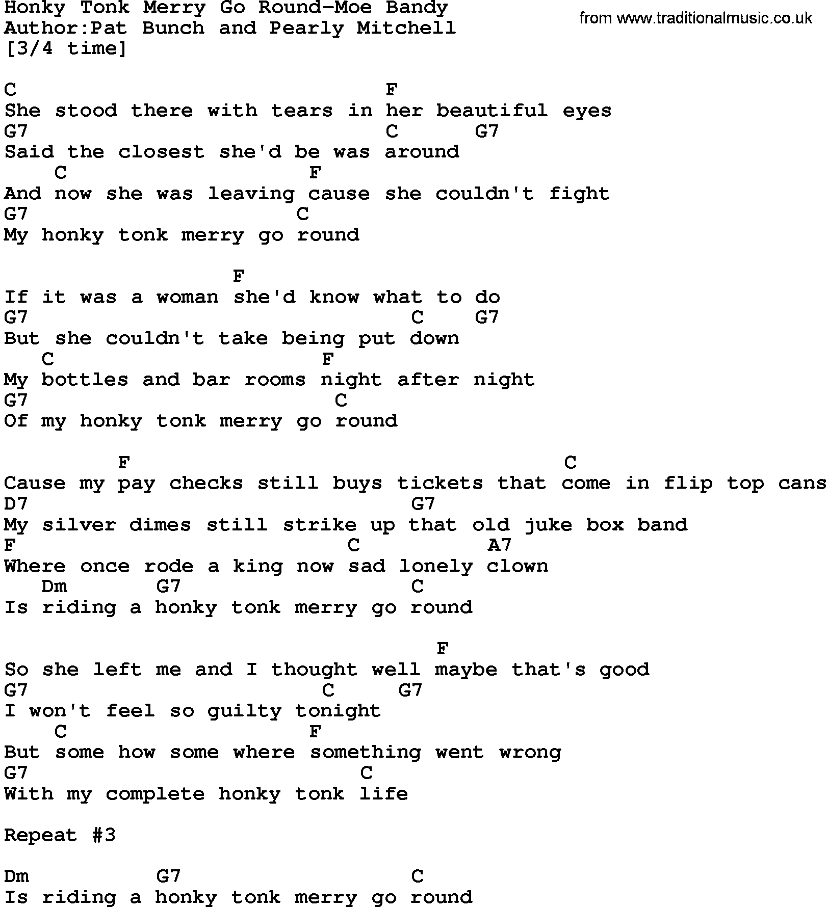 Country music song: Honky Tonk Merry Go Round-Moe Bandy lyrics and chords