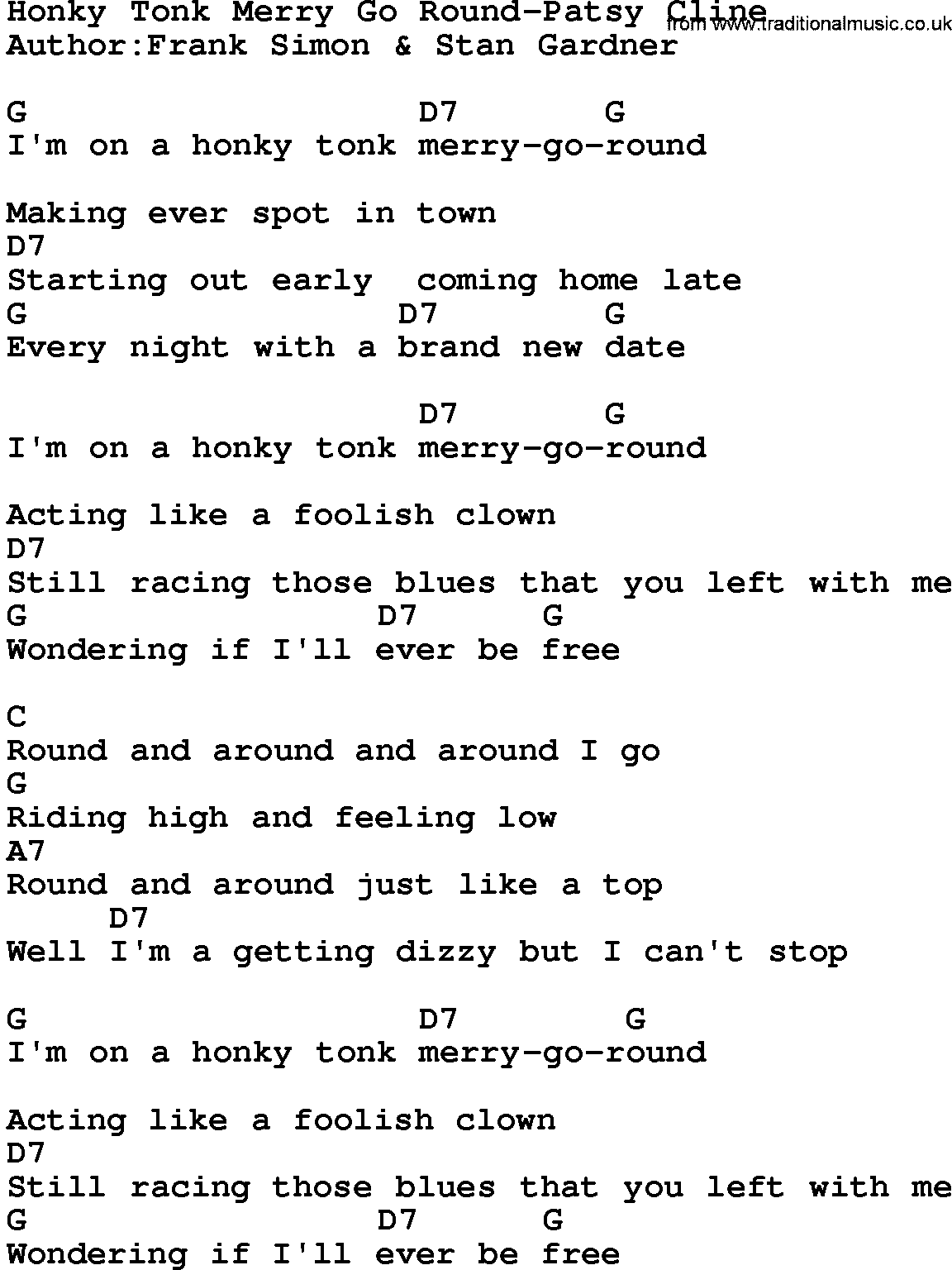 Country music song: Honky Tonk Merry Go Round-Patsy Cline lyrics and chords