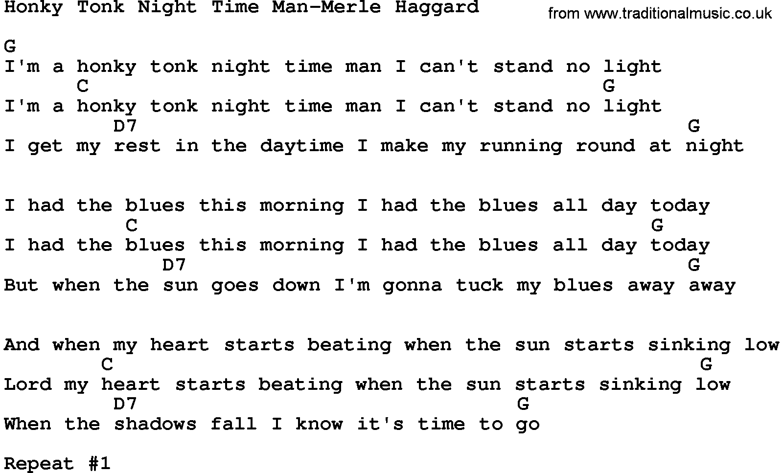 Country music song: Honky Tonk Night Time Man-Merle Haggard lyrics and chords