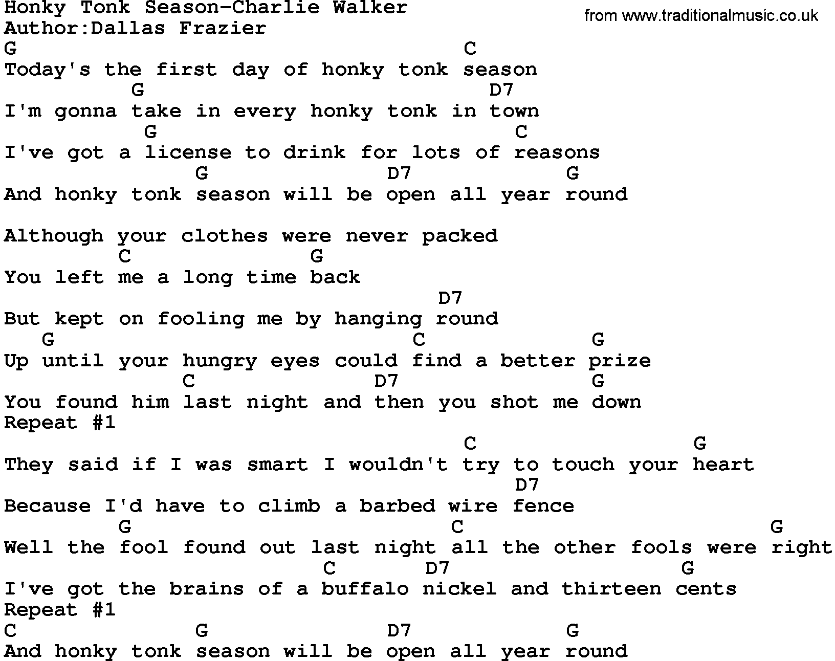 Country music song: Honky Tonk Season-Charlie Walker lyrics and chords