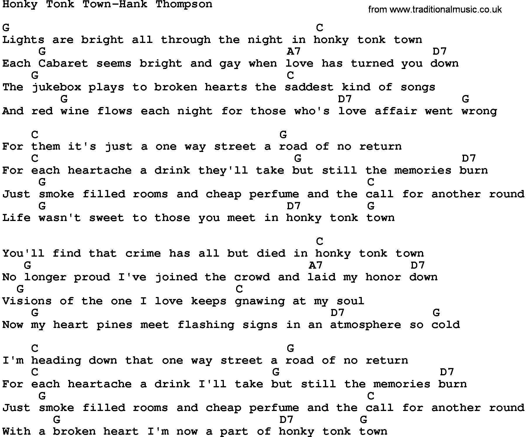 Country music song: Honky Tonk Town-Hank Thompson lyrics and chords