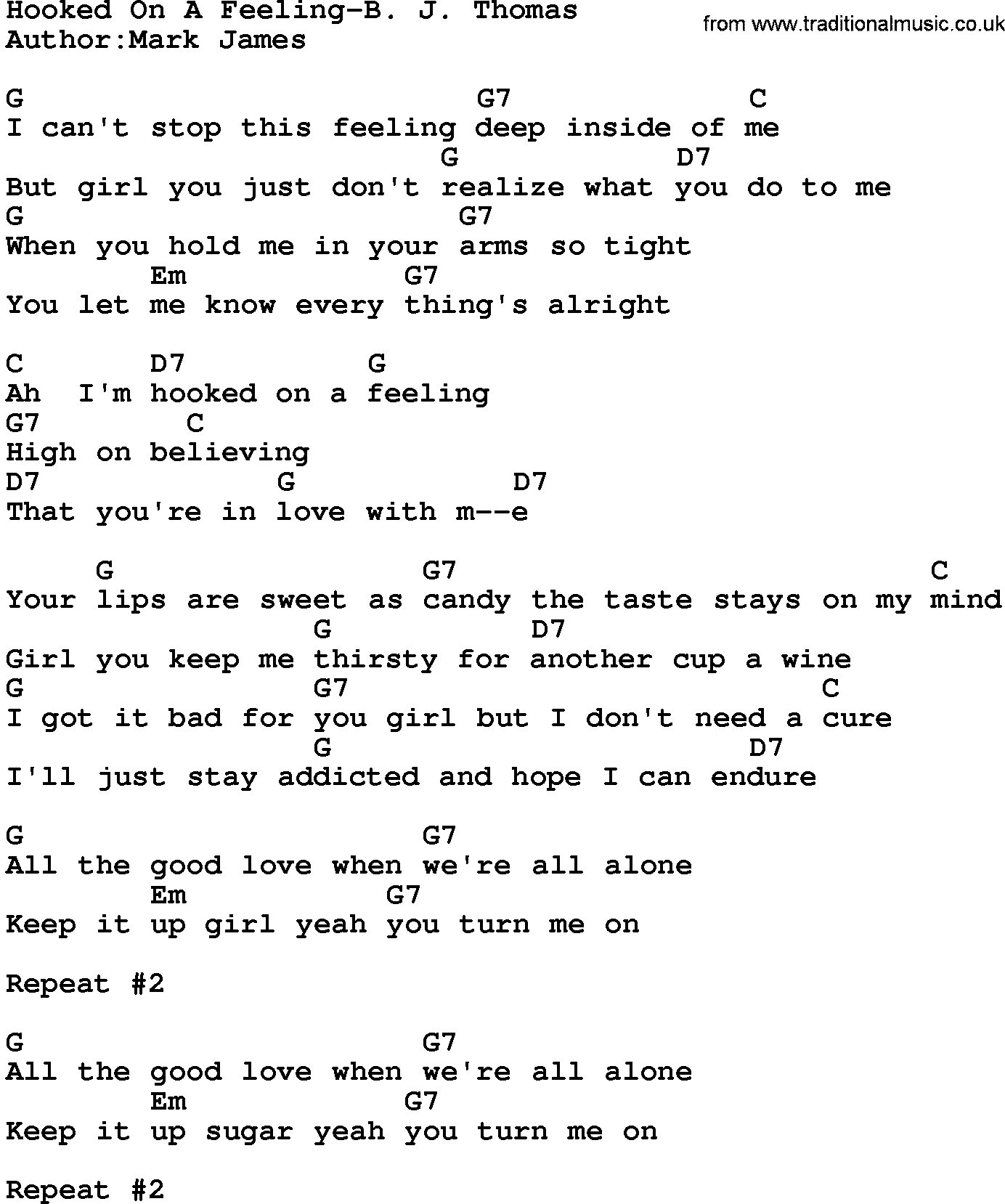 Country music song: Hooked On A Feeling-B J Thomas lyrics and chords