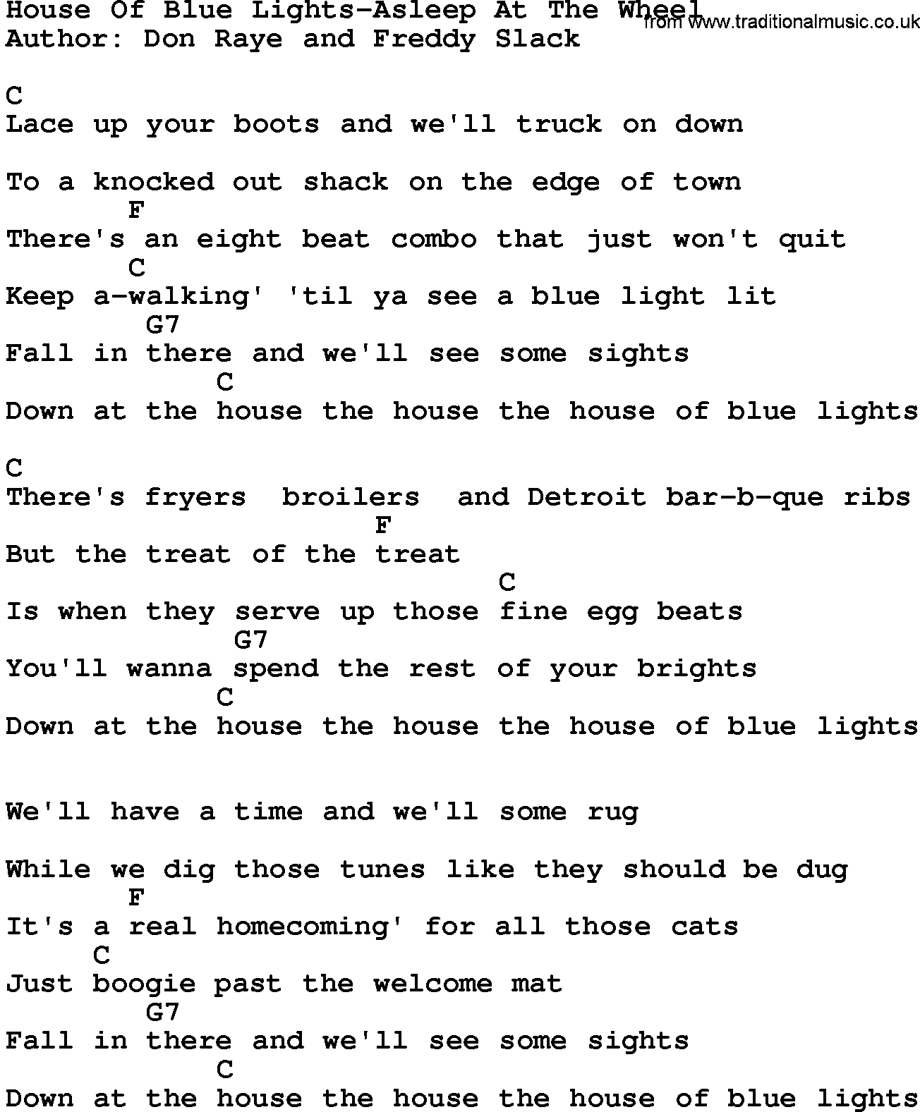 Country music song: House Of Blue Lights-Asleep At The Wheel lyrics and chords