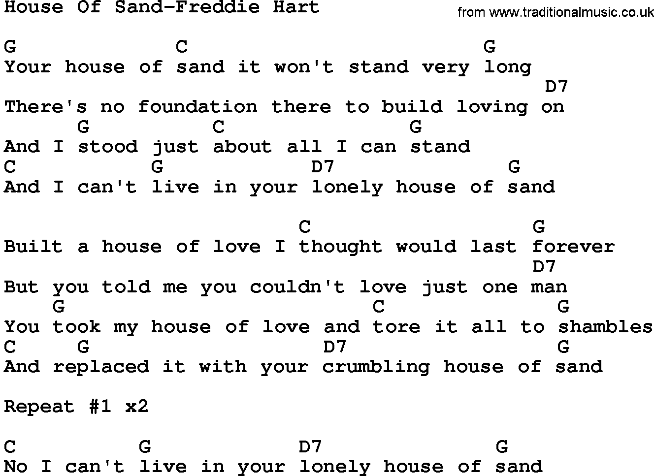 Country music song: House Of Sand-Freddie Hart lyrics and chords