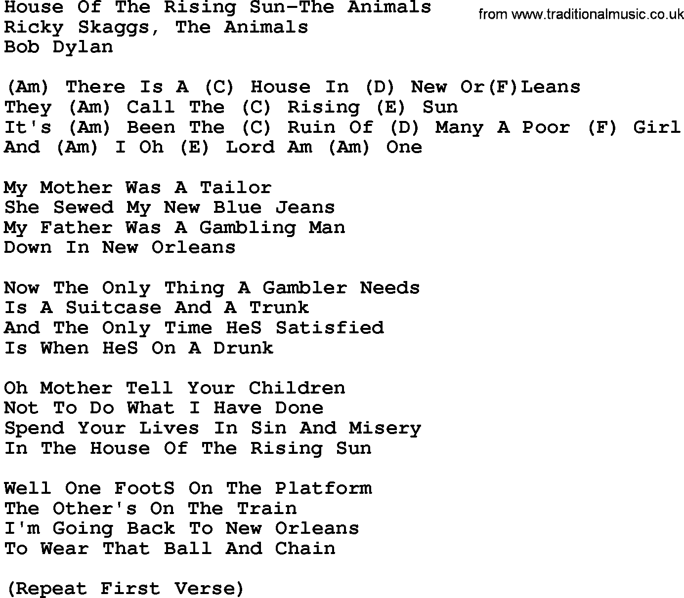 Country music song: House Of The Rising Sun-The Animals lyrics and chords