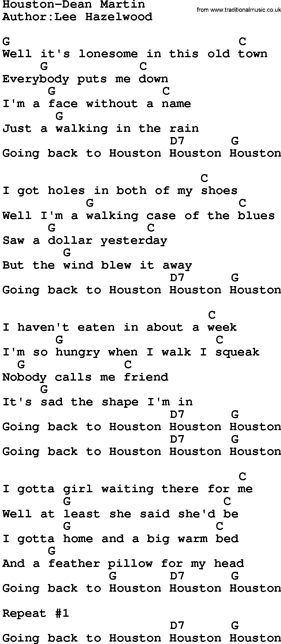 Country music song: Houston-Dean Martin lyrics and chords