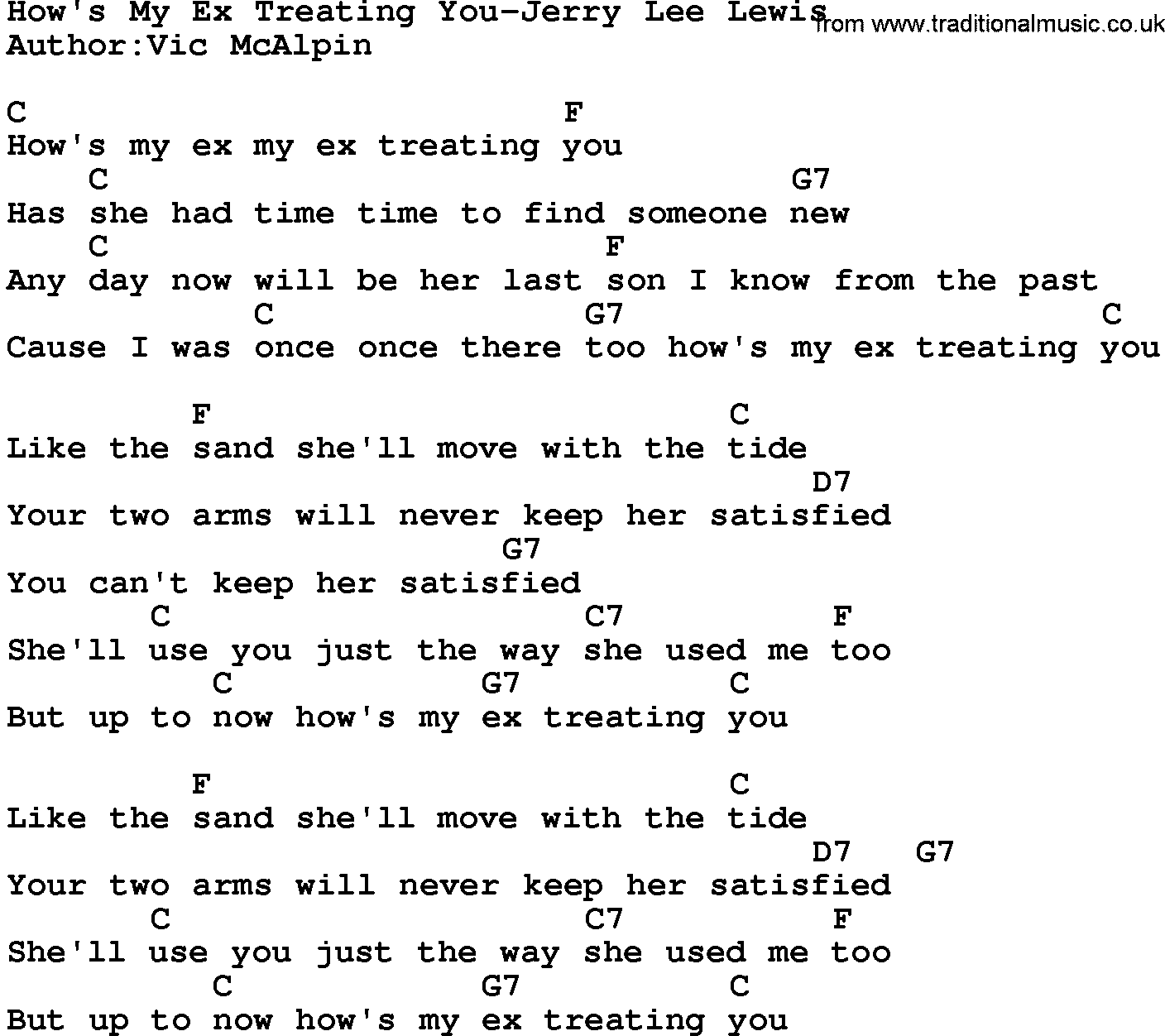 Country music song: How's My Ex Treating You-Jerry Lee Lewis lyrics and chords