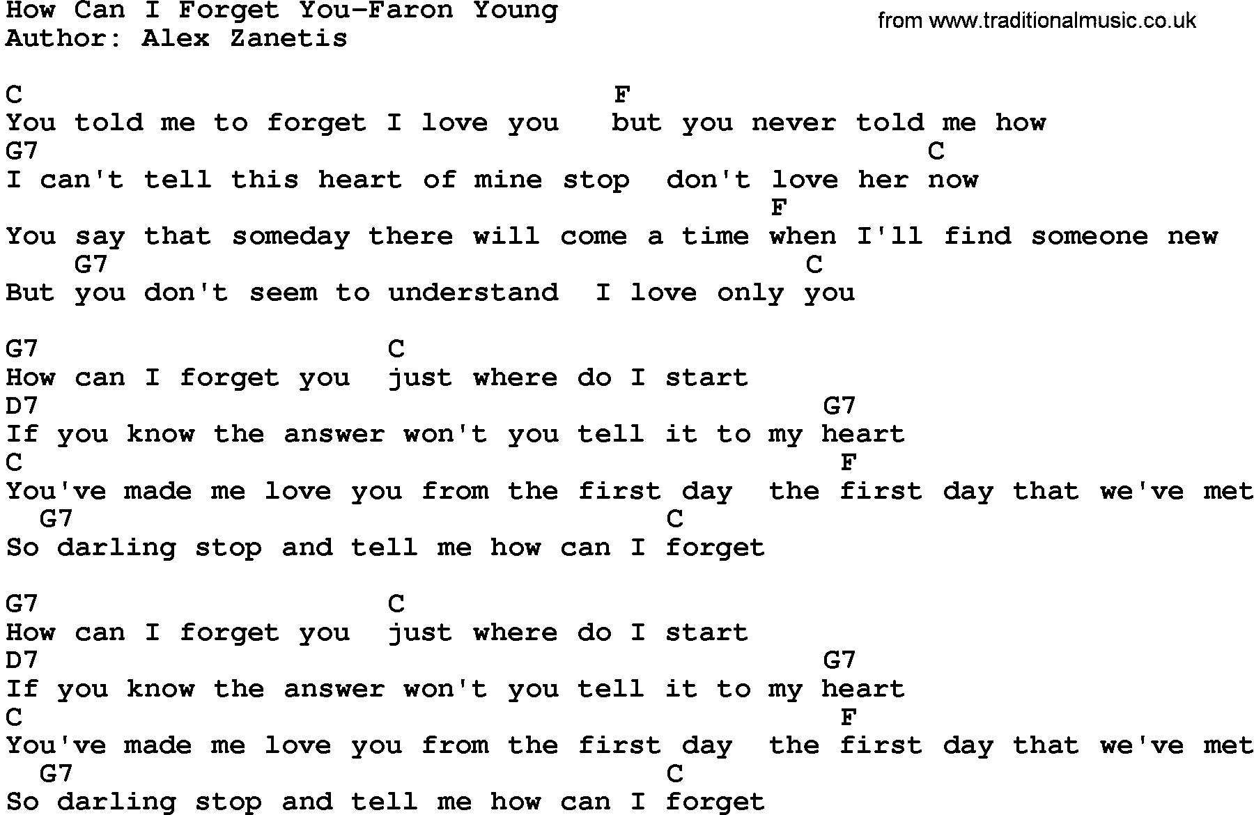 Country music song: How Can I Forget You-Faron Young lyrics and chords