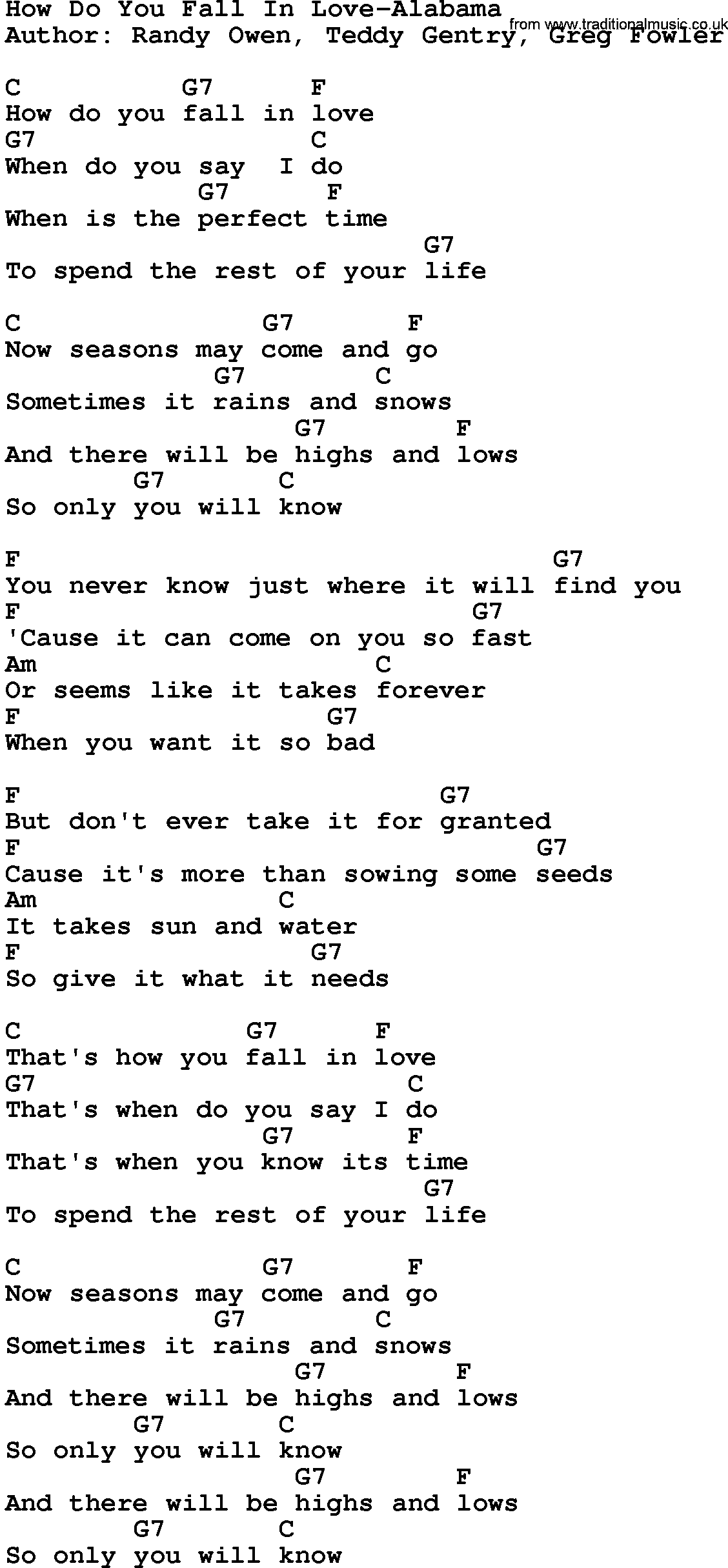 Country music song: How Do You Fall In Love-Alabama lyrics and chords