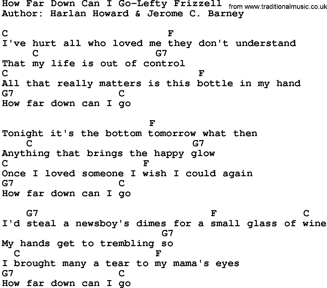 Country music song: How Far Down Can I Go-Lefty Frizzell lyrics and chords