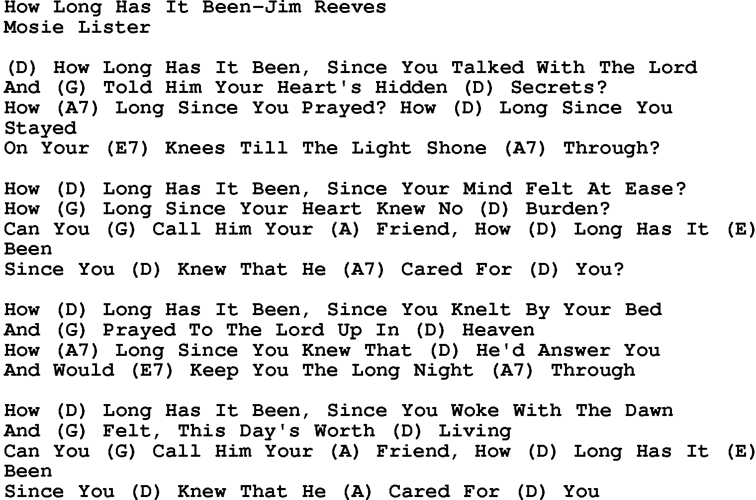 Country music song: How Long Has It Been-Jim Reeves lyrics and chords
