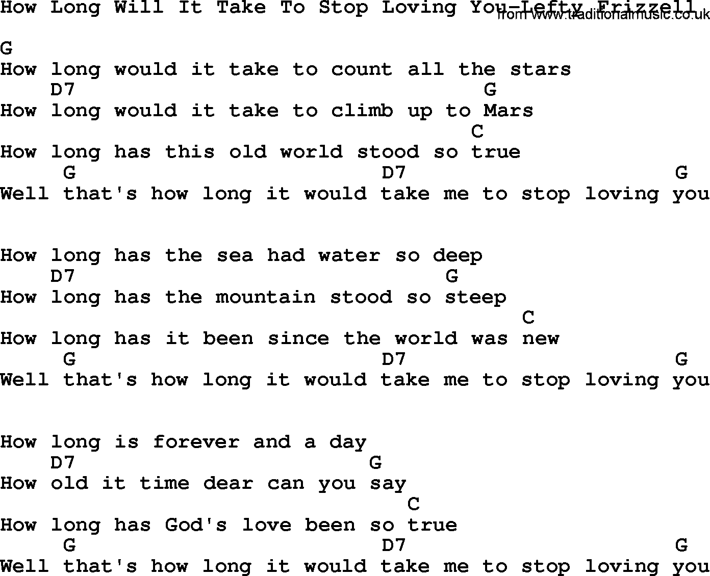Country music song: How Long Will It Take To Stop Loving You-Lefty Frizzell lyrics and chords