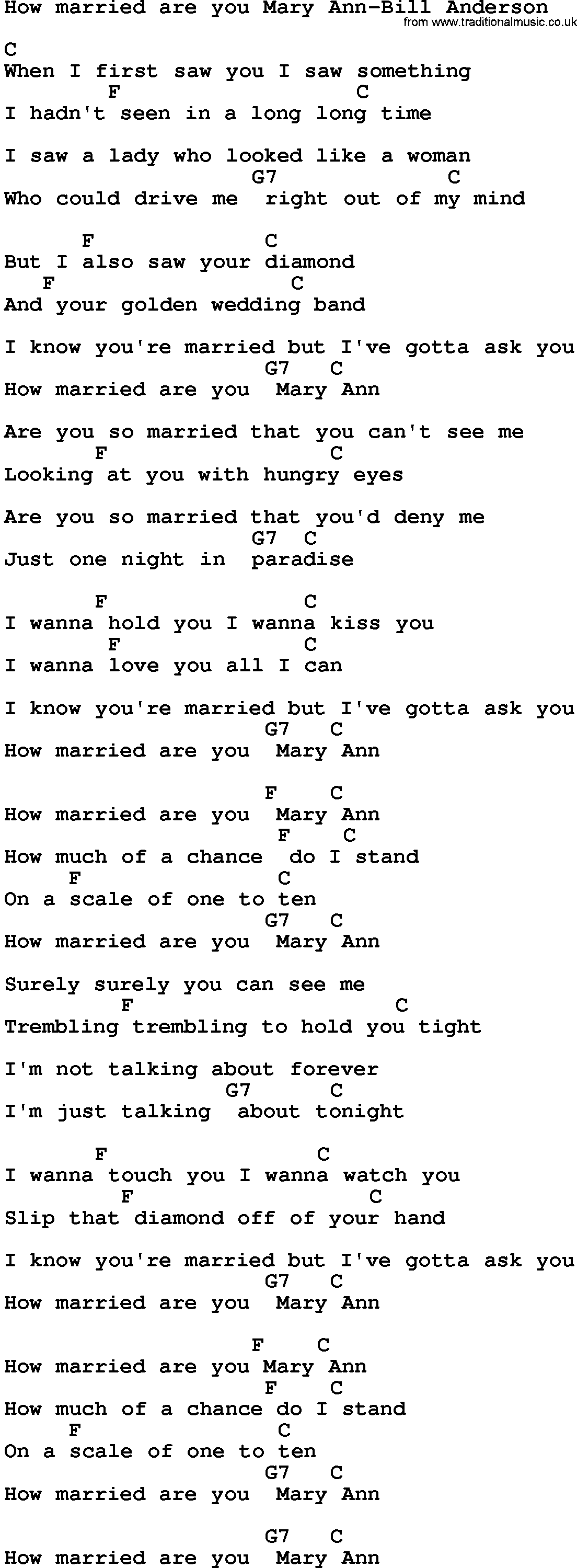 Country music song: How Married Are You Mary Ann-Bill Anderson lyrics and chords