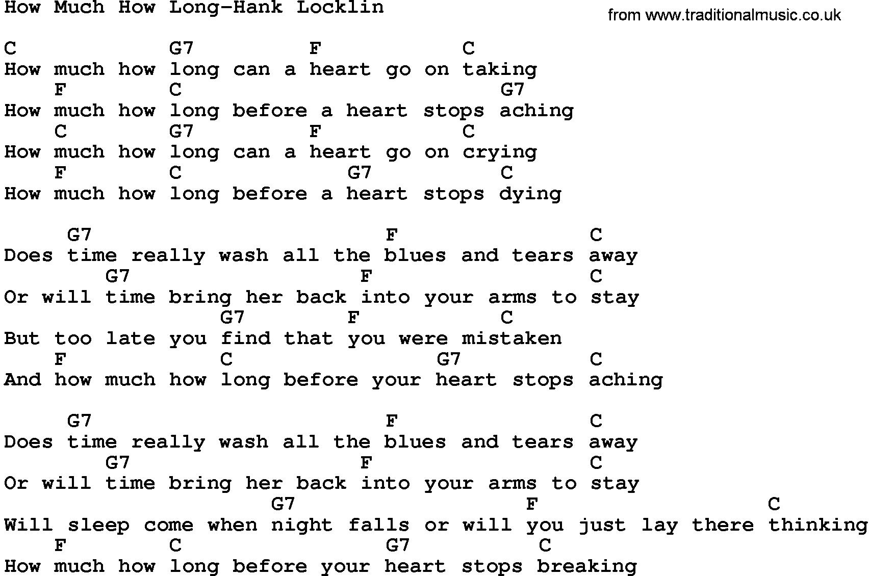 Country music song: How Much How Long-Hank Locklin lyrics and chords