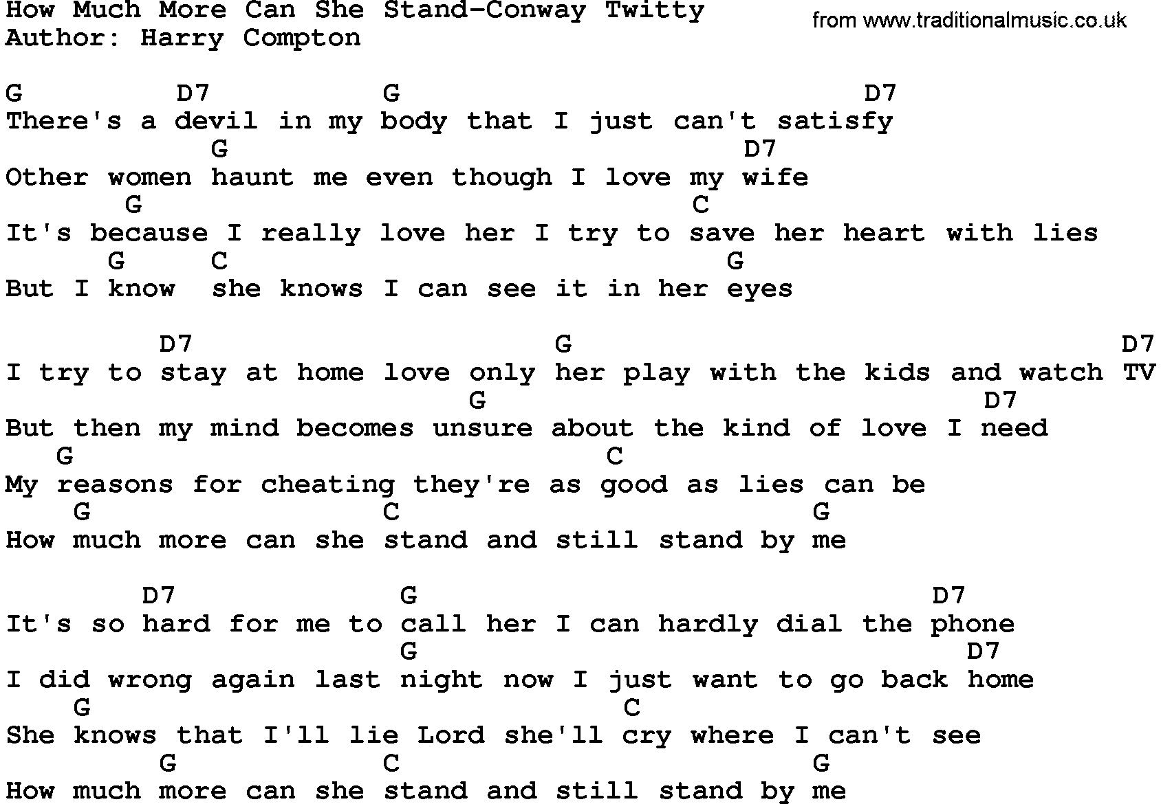 Country music song: How Much More Can She Stand-Conway Twitty lyrics and chords
