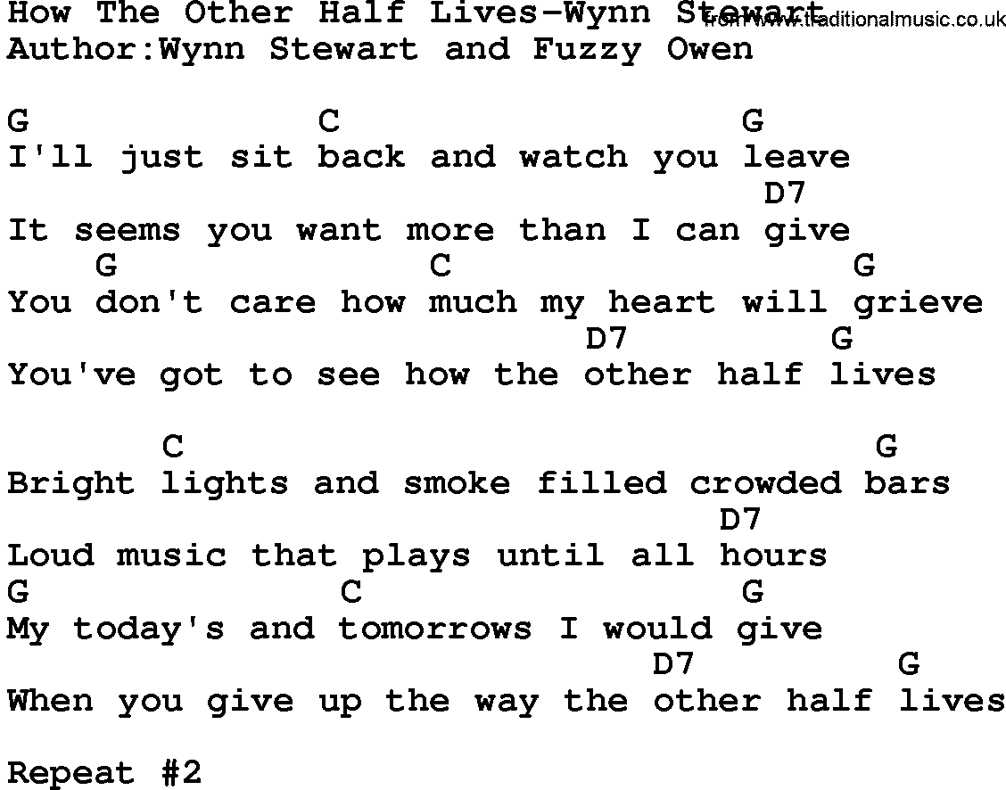 Country music song: How The Other Half Lives-Wynn Stewart lyrics and chords