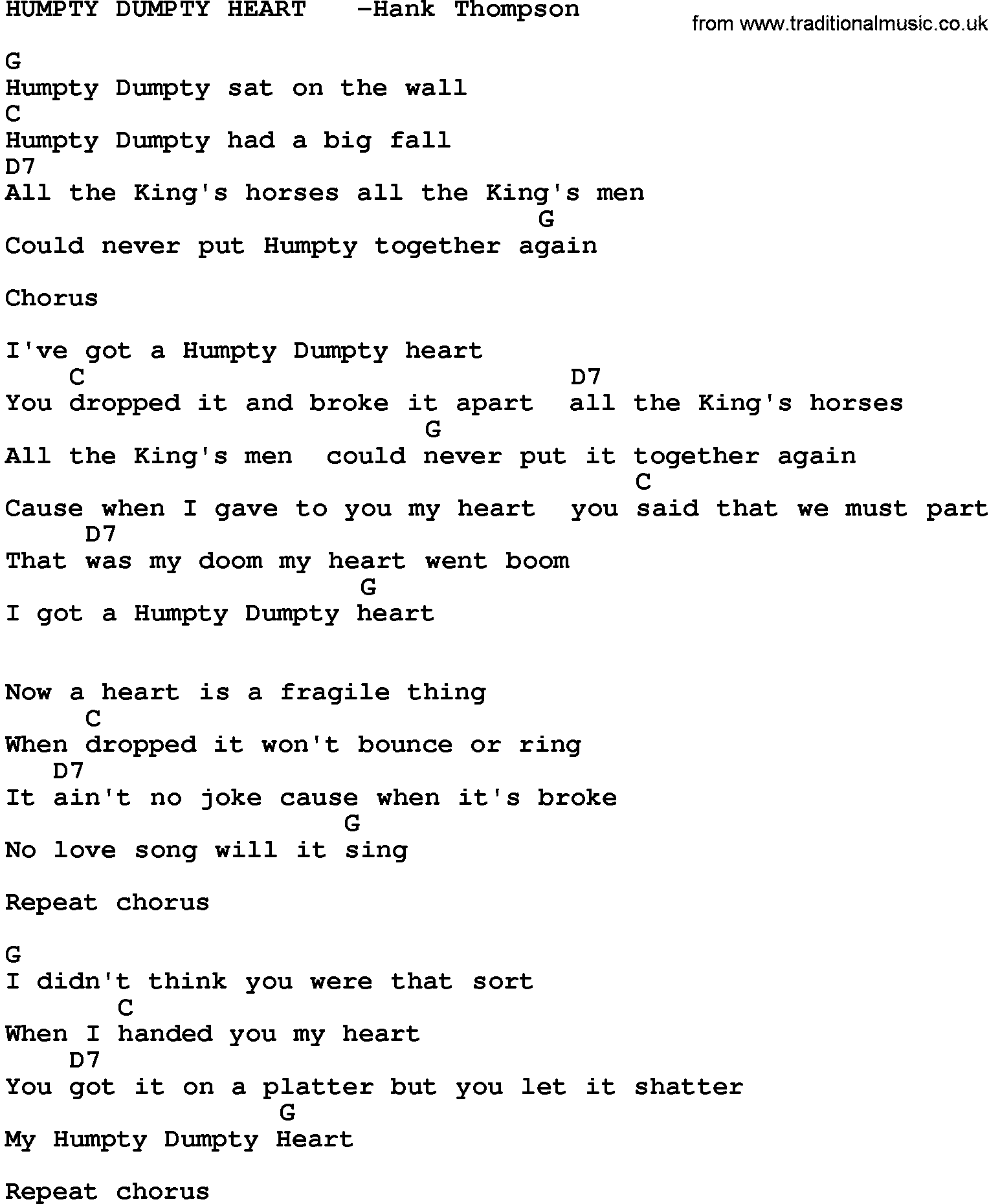 Country music song: Humpty Dumpty Heart -Hank Thompson lyrics and chords