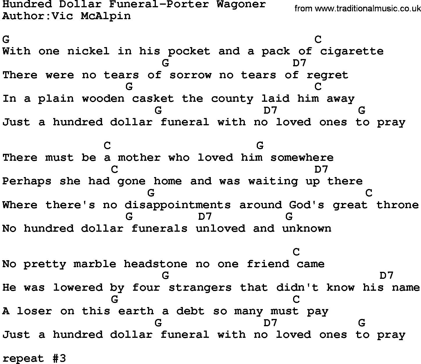 Country music song: Hundred Dollar Funeral-Porter Wagoner  lyrics and chords