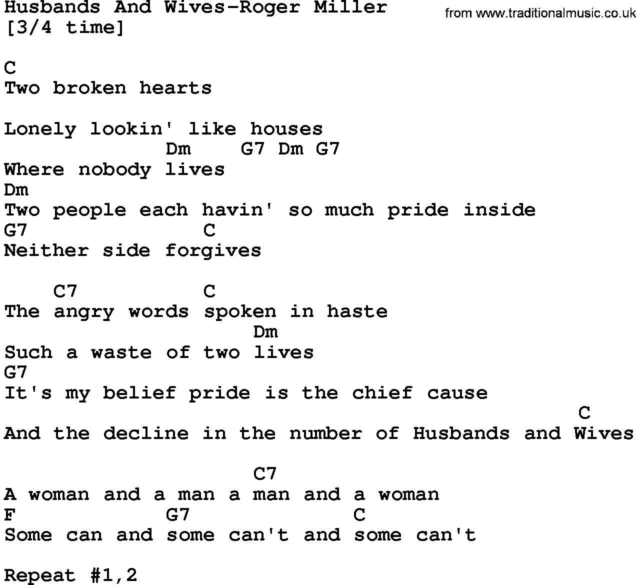 Country music song: Husbands And Wives-Roger Miller lyrics and chords