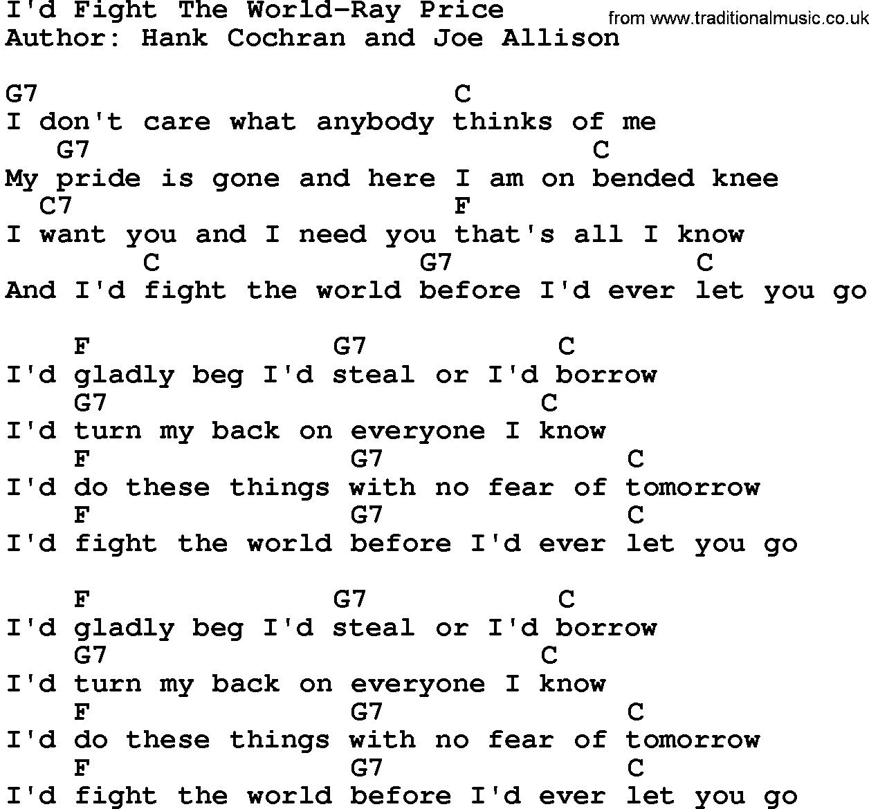 Country music song: I'd Fight The World-Ray Price lyrics and chords