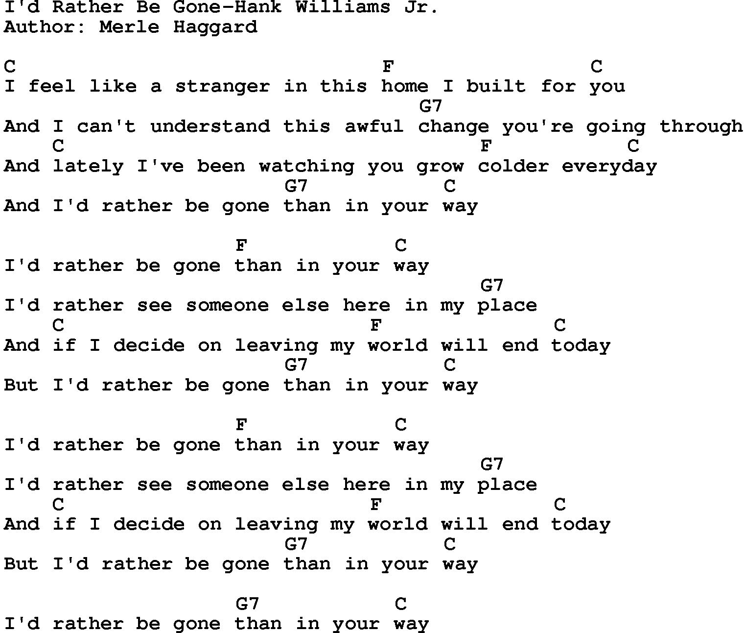 Country music song: I'd Rather Be Gone-Hank Williams Jr lyrics and chords