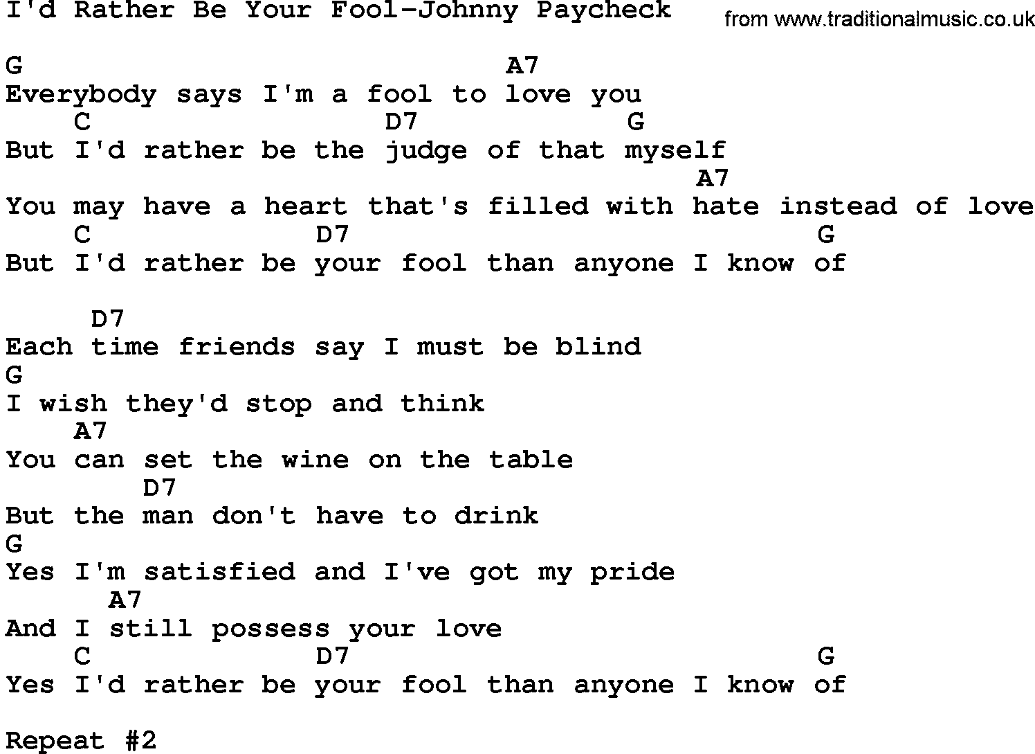 Country music song: I'd Rather Be Your Fool-Johnny Paycheck lyrics and chords