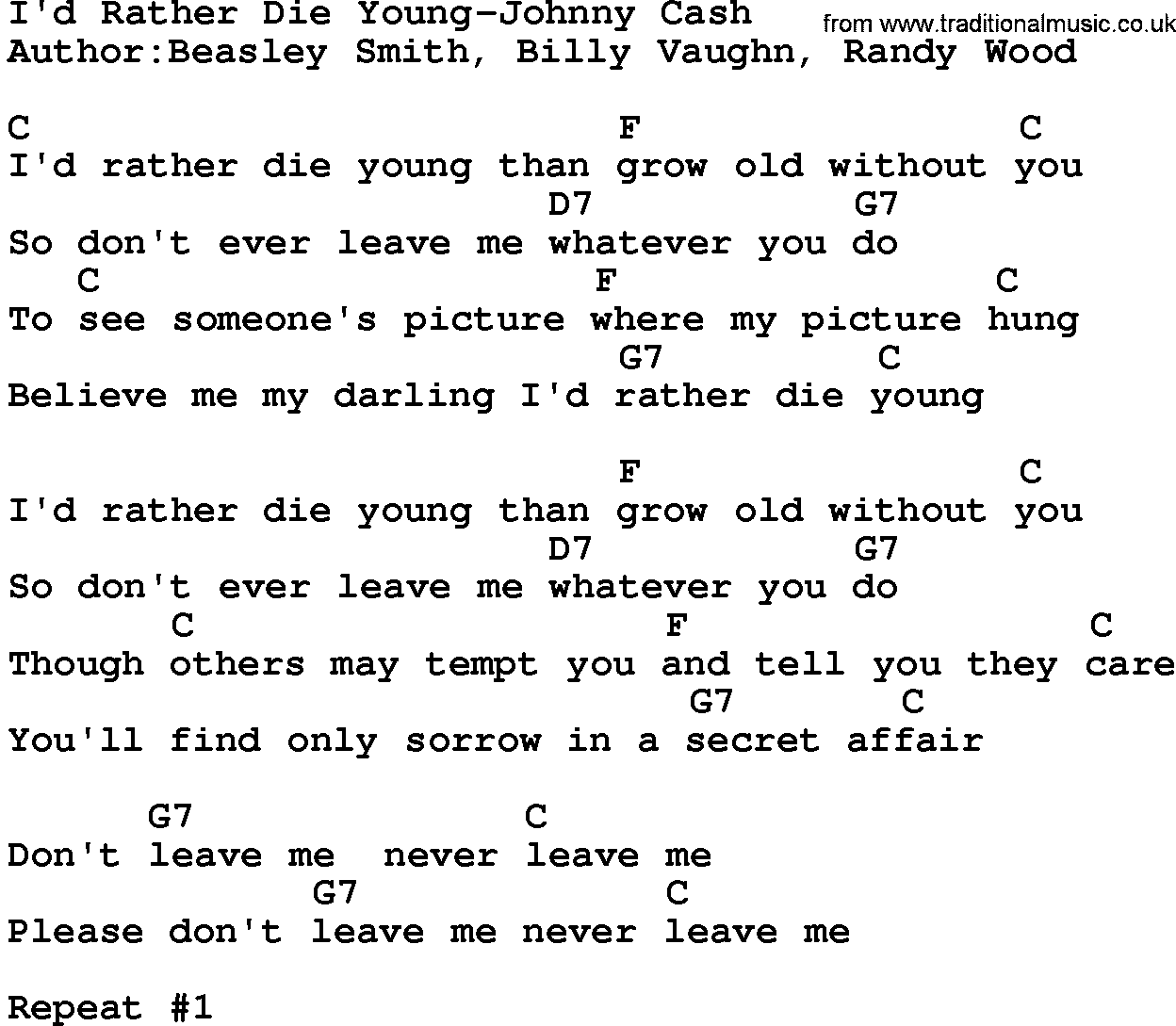 Country music song: I'd Rather Die Young-Johnny Cash lyrics and chords