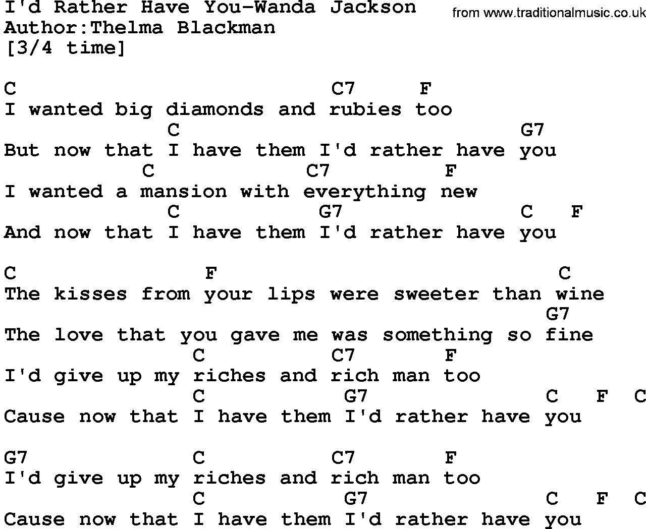 Country music song: I'd Rather Have You-Wanda Jackson lyrics and chords