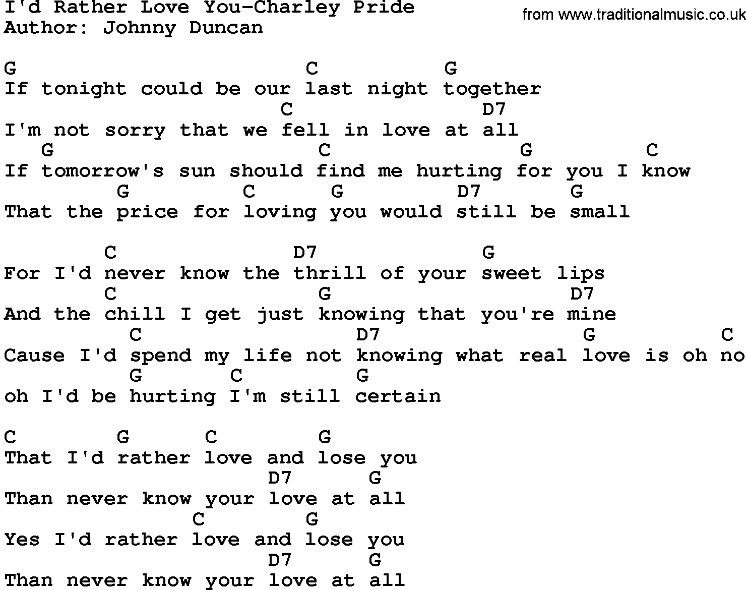 Country music song: I'd Rather Love You-Charley Pride lyrics and chords