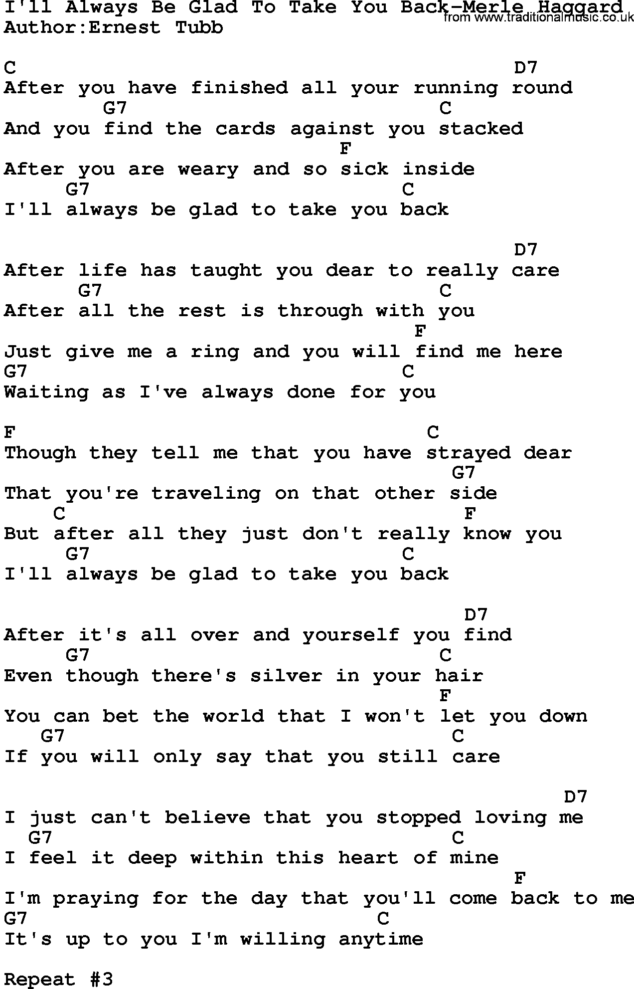 Country music song: I'll Always Be Glad To Take You Back-Merle Haggard lyrics and chords