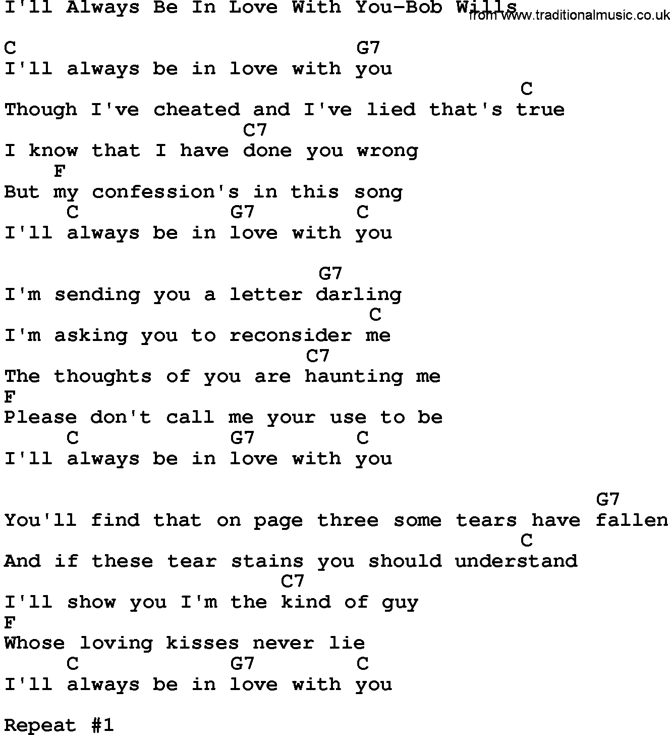 Country music song: I'll Always Be In Love With You-Bob Wills lyrics and chords