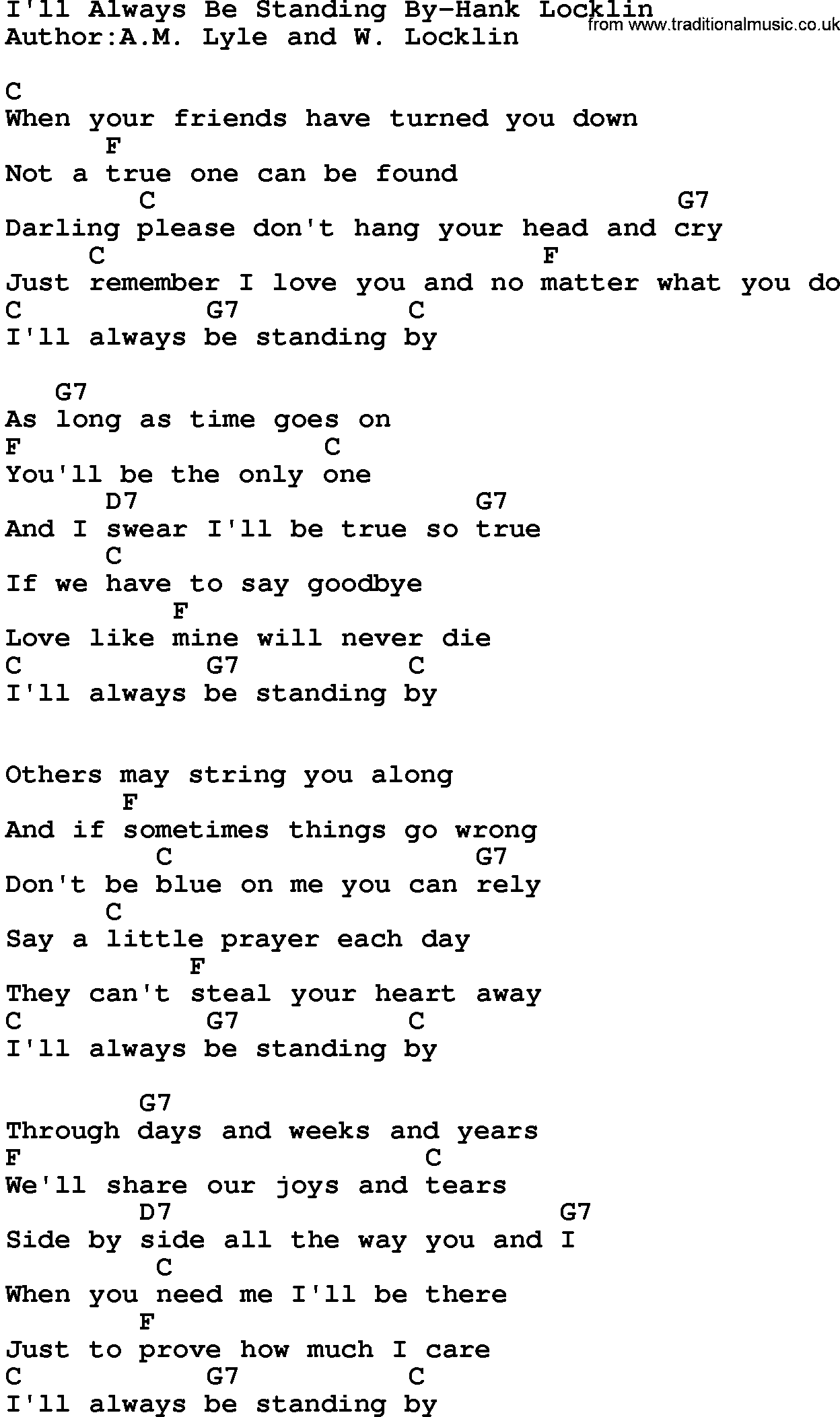 Country music song: I'll Always Be Standing By-Hank Locklin lyrics and chords