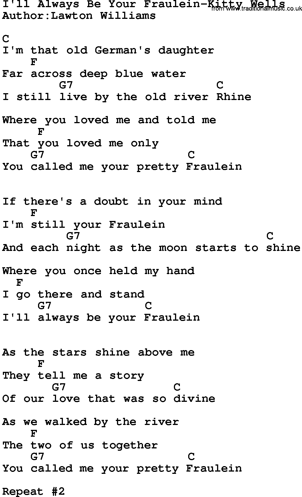 Country music song: I'll Always Be Your Fraulein-Kitty Wells lyrics and chords