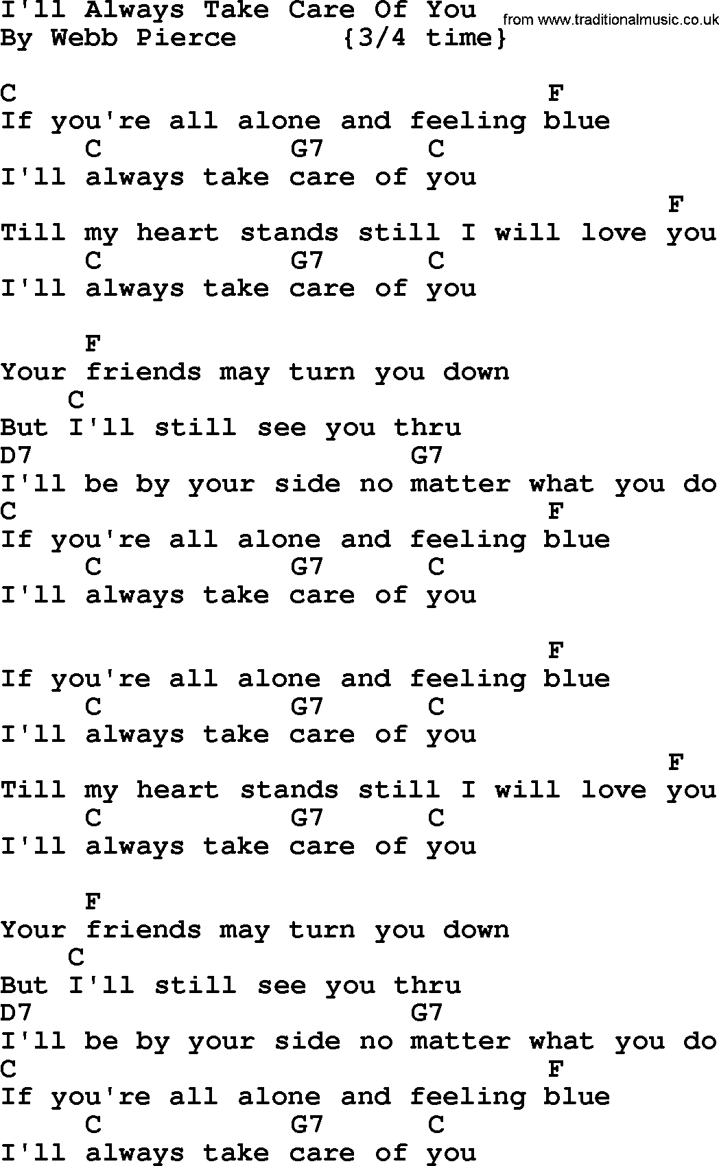 Country music song: I'll Always Take Care Of You lyrics and chords