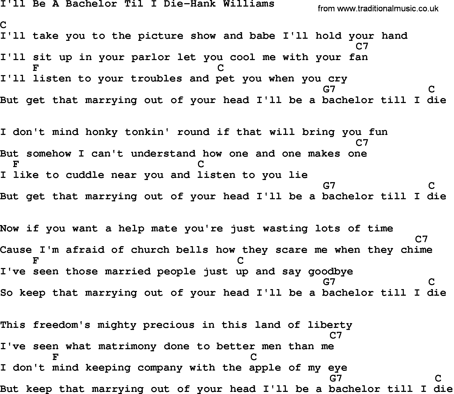 Country music song: I'll Be A Bachelor Til I Die-Hank Williams lyrics and chords