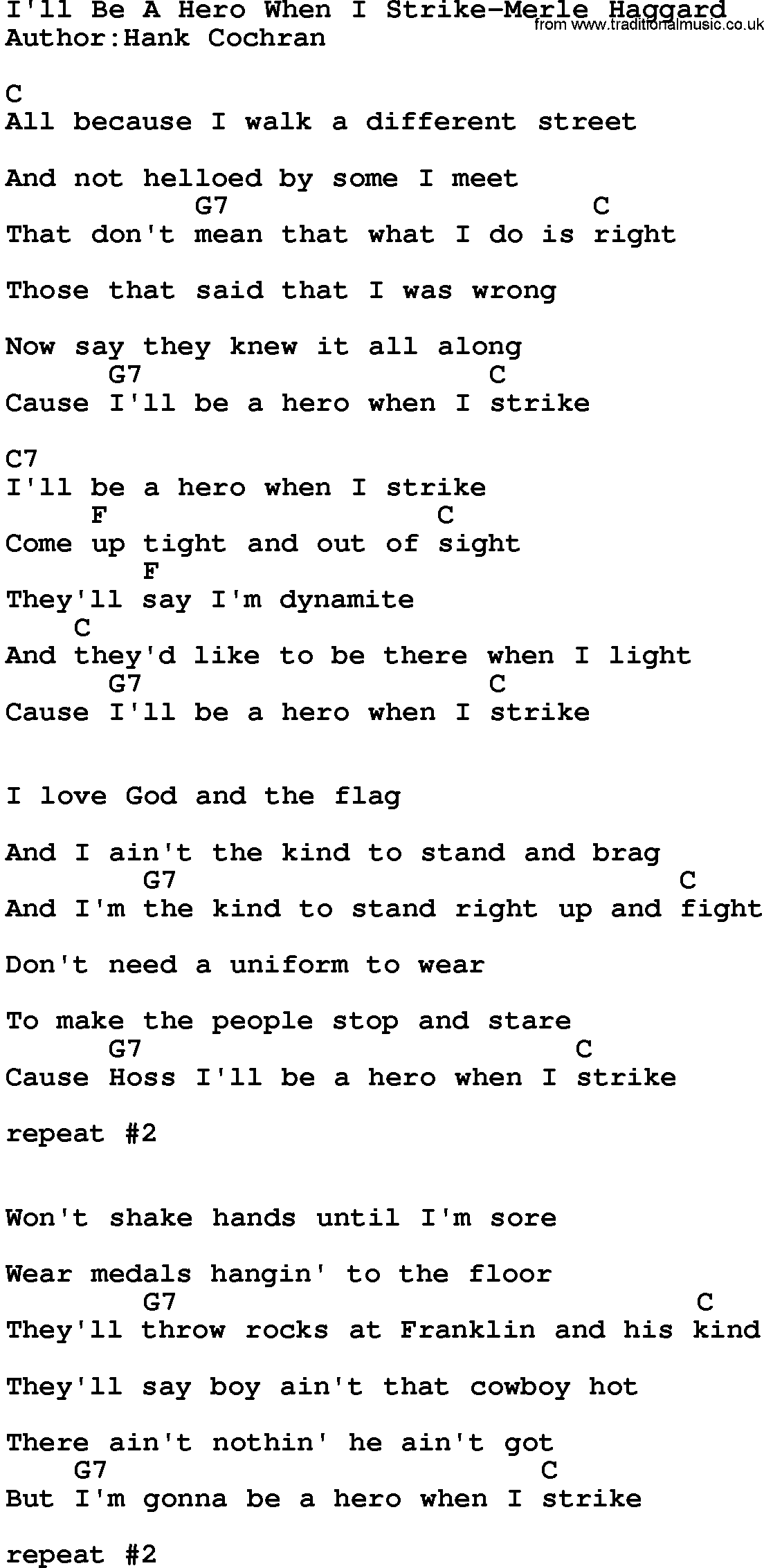 Country music song: I'll Be A Hero When I Strike-Merle Haggard lyrics and chords