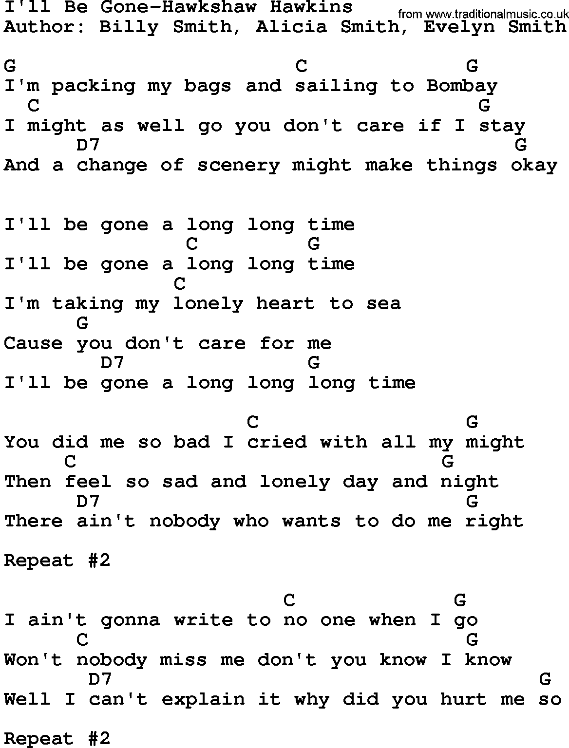 Country music song: I'll Be Gone-Hawkshaw Hawkins lyrics and chords