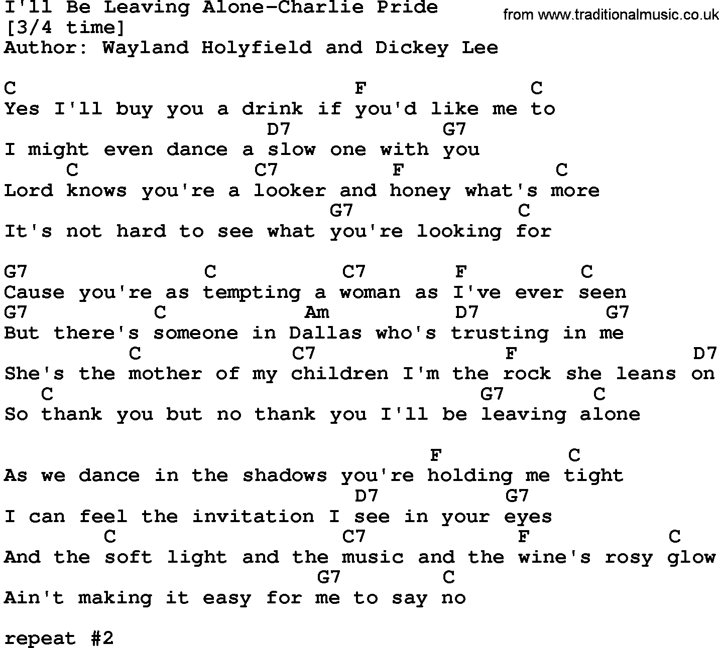 Country music song: I'll Be Leaving Alone-Charlie Pride lyrics and chords