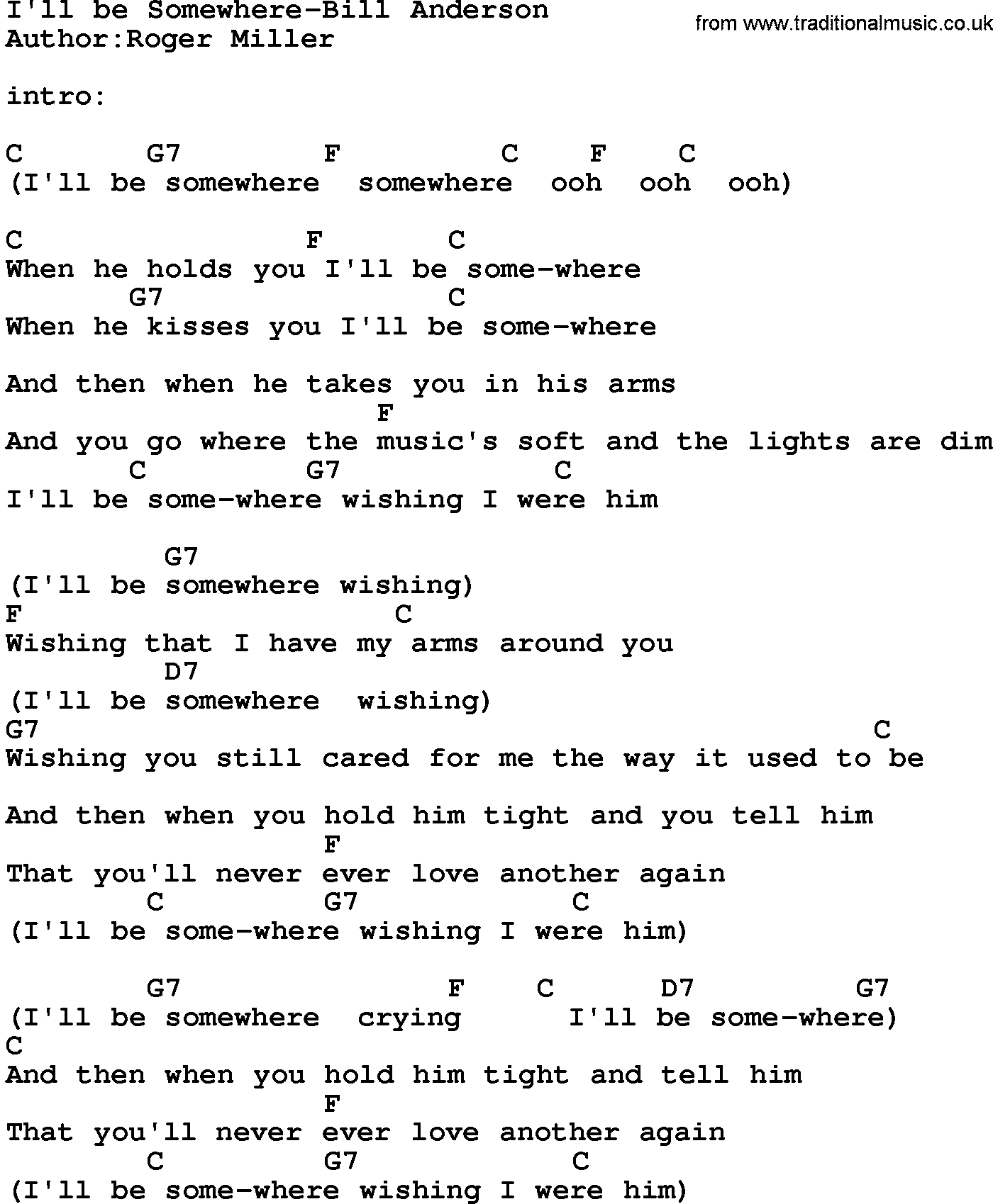 Country music song: I'll Be Somewhere-Bill Anderson lyrics and chords