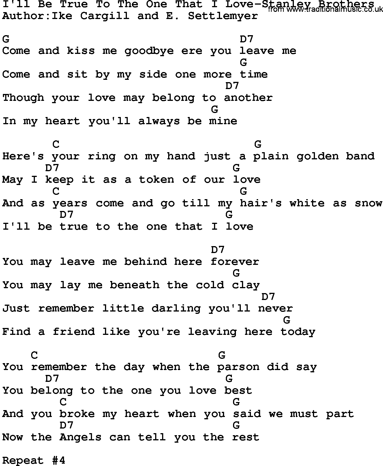 Country music song: I'll Be True To The One That I Love-Stanley Brothers lyrics and chords
