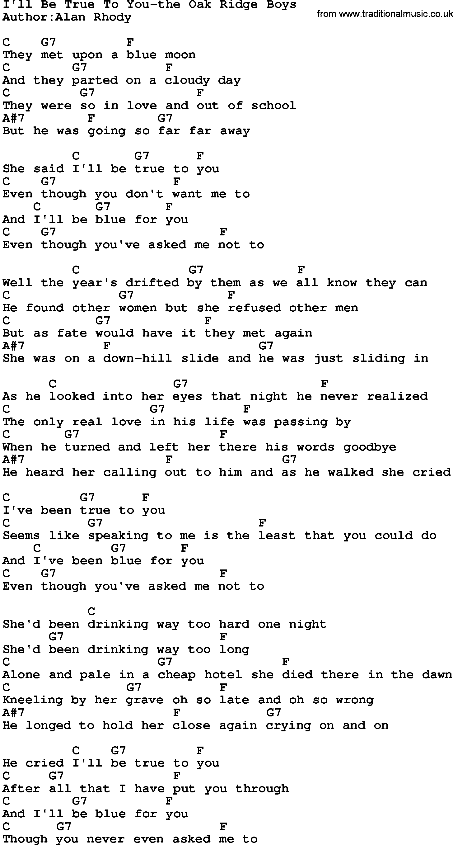 Country music song: I'll Be True To You-The Oak Ridge Boys lyrics and chords