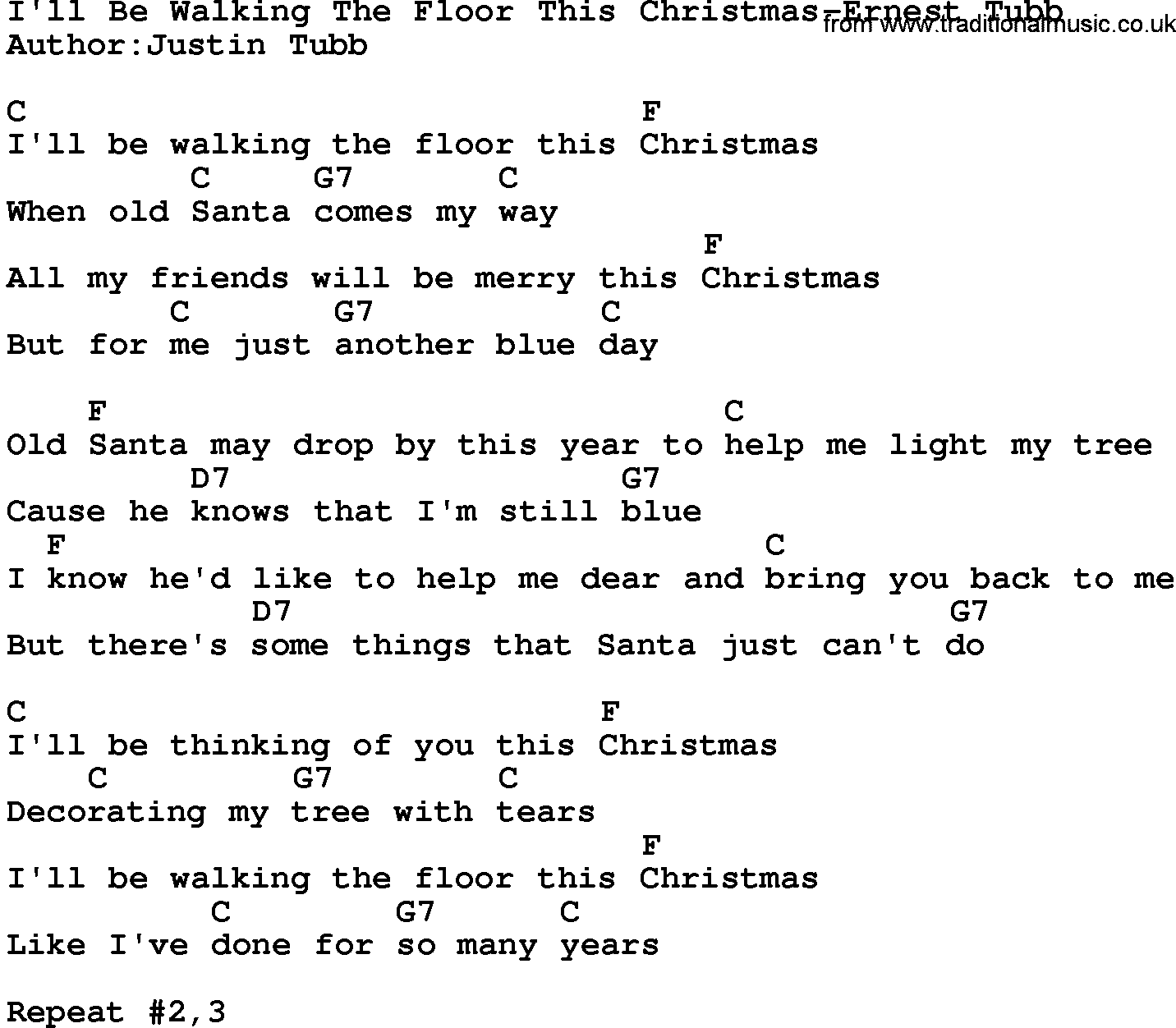 Country music song: I'll Be Walking The Floor This Christmas-Ernest Tubb lyrics and chords