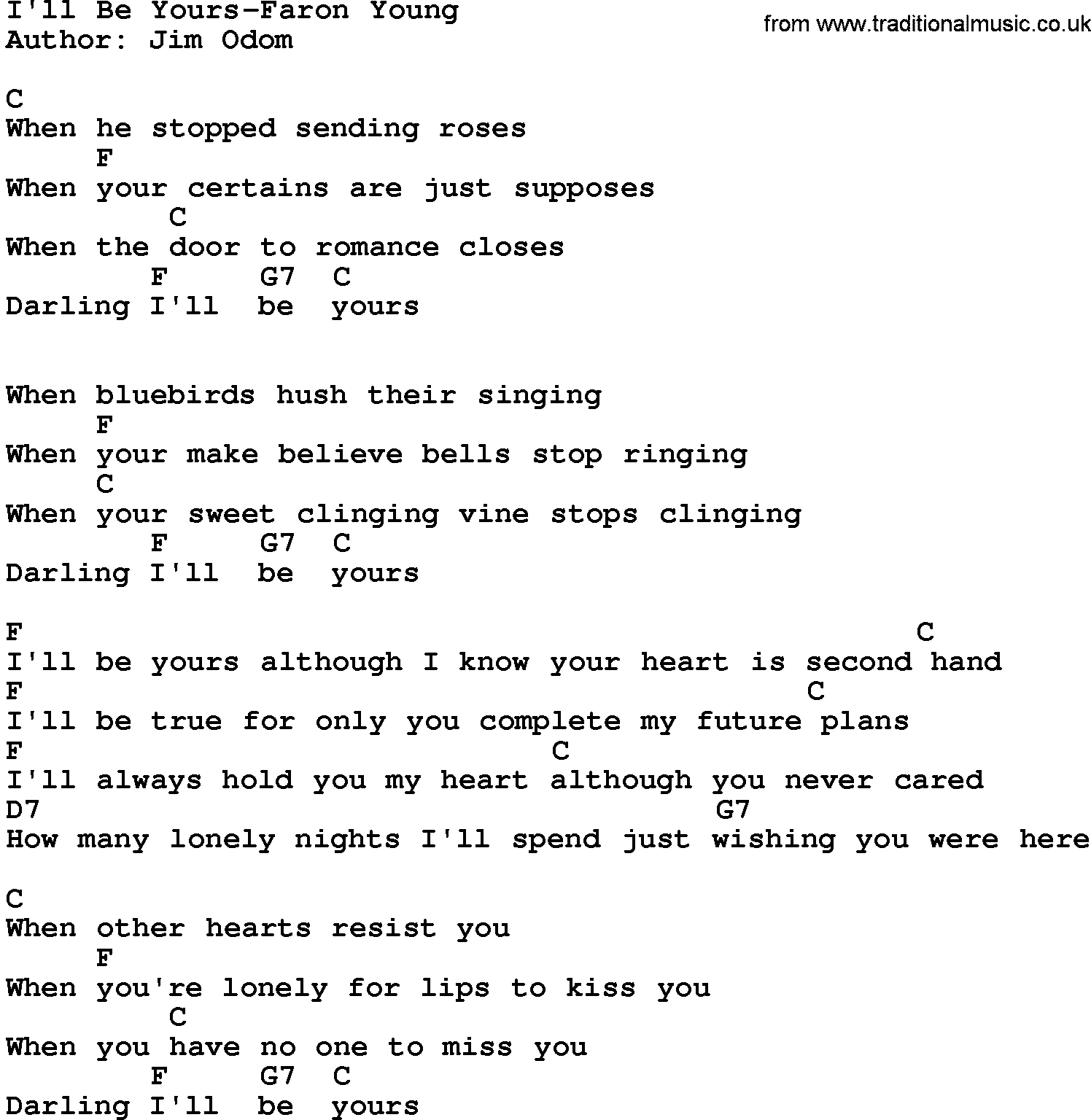 Country music song: I'll Be Yours-Faron Young lyrics and chords