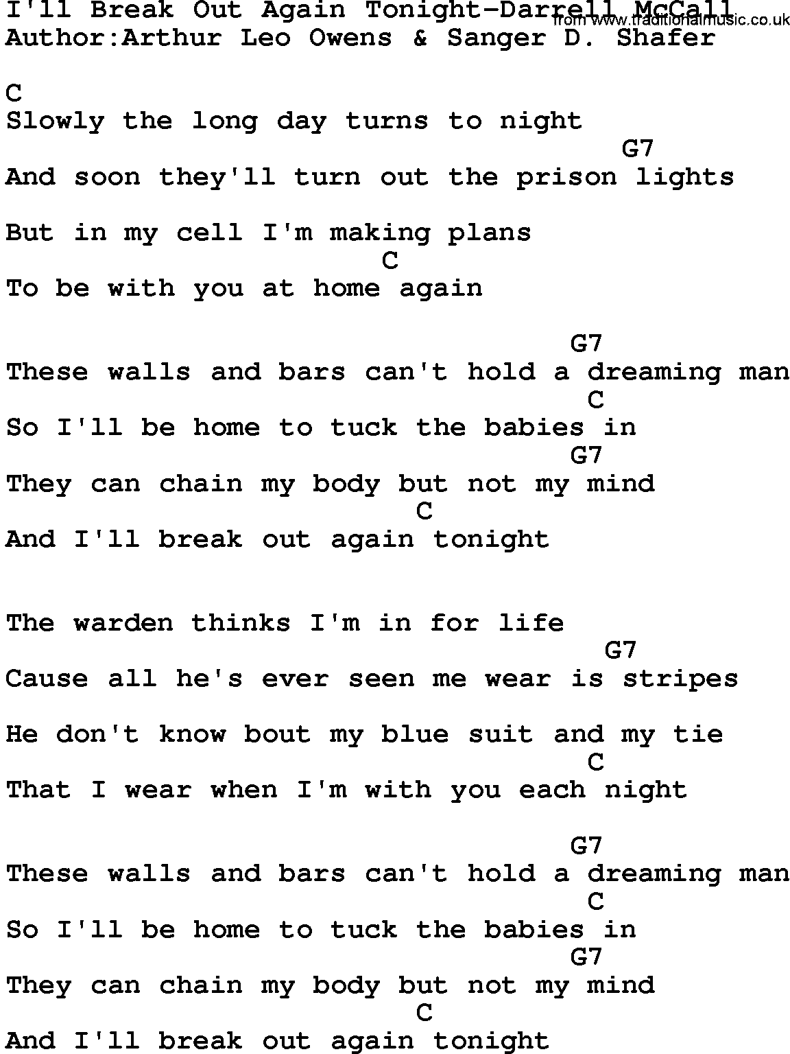 Country music song: I'll Break Out Again Tonight-Darrell Mccall lyrics and chords