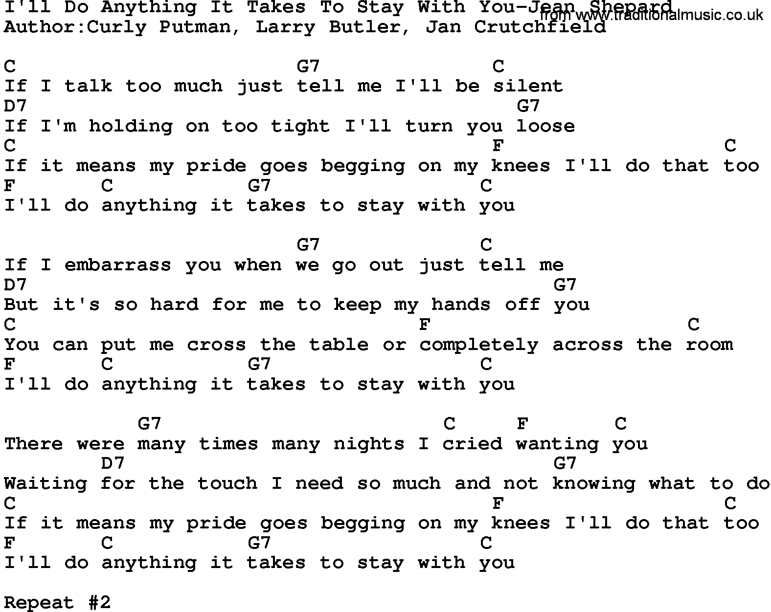 Country music song: I'll Do Anything It Takes To Stay With You-Jean Shepard lyrics and chords