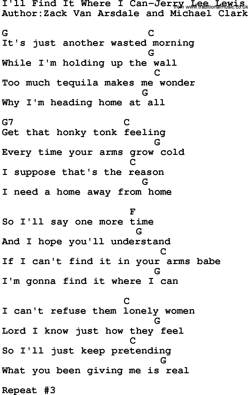 Country music song: I'll Find It Where I Can-Jerry Lee Lewis lyrics and chords