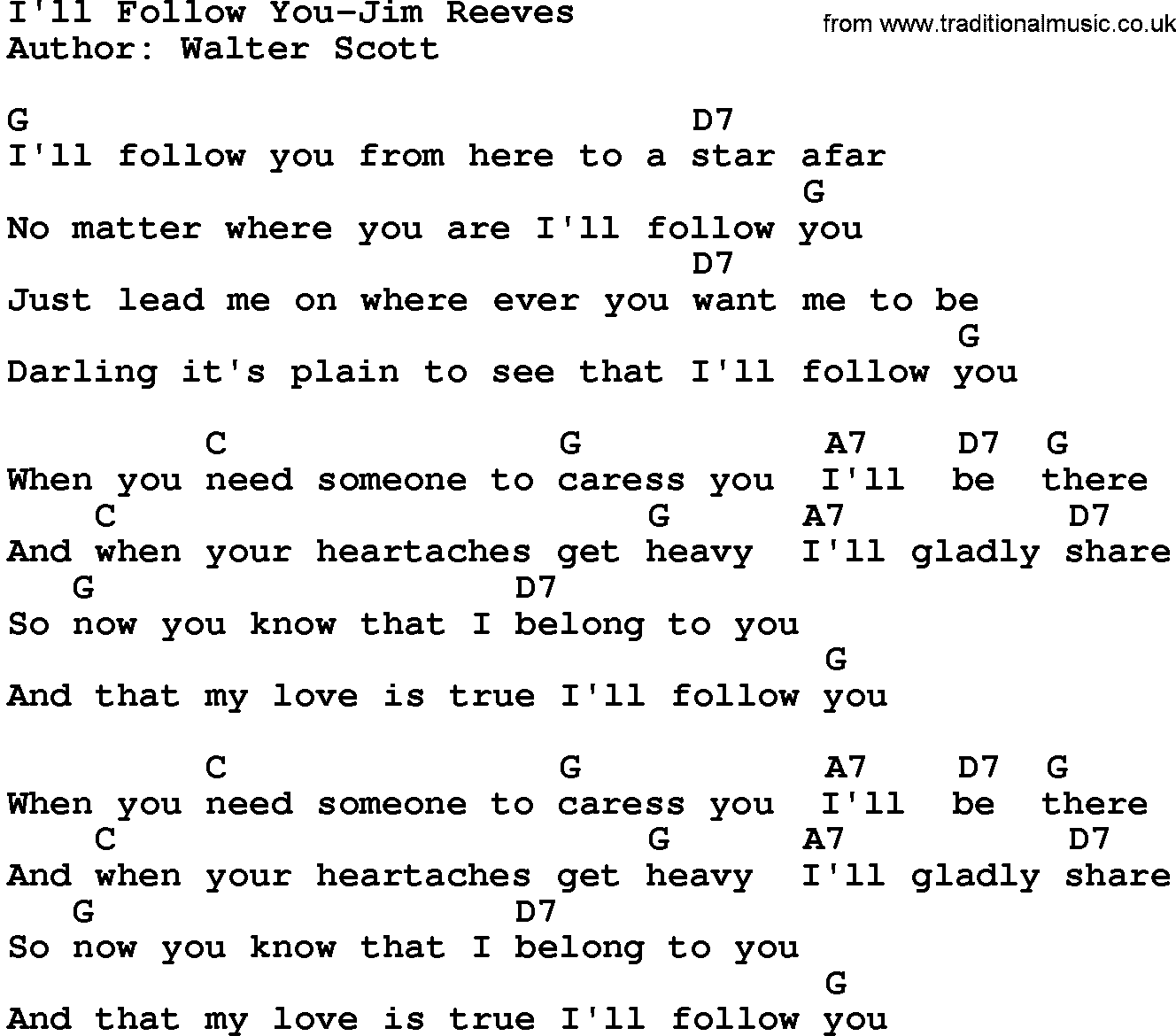 Country music song: I'll Follow You-Jim Reeves lyrics and chords